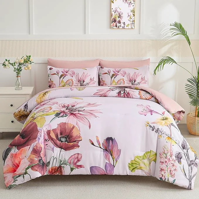 Unique Yogeneg Queen Comforter Set 7 Piece Bed in a Bag Elegant Floral Botanical Safe