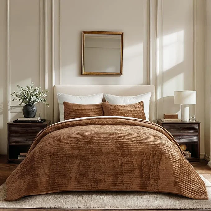 Luxury EVERGRACE Velvet Quilt Set California King 118'' x 106'' Luxurious Soft Efficient