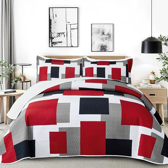 Contemporary Tyrot 3 Piece Red Black Grey Quilt Set California King Size Red White Geometric Environmentally Friendly
