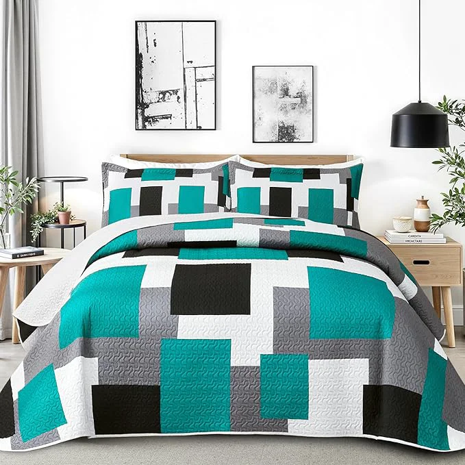 Enhanced Tyrot 2 Piece Teal Turquoise Grey Quilt Set Twin Size Black White Geometric Professional