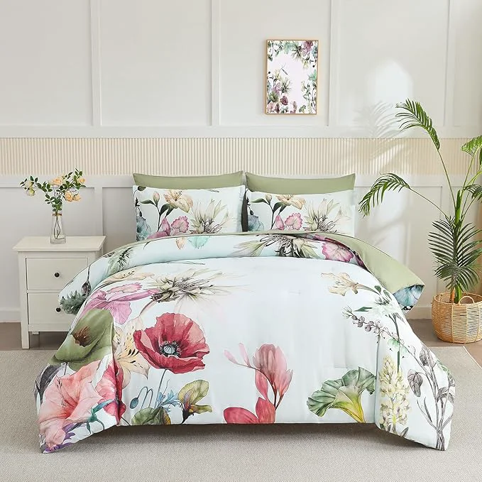 Long-Lasting Yogeneg King Size Comforter Set 7 Piece Bed in a Bag Elegant Floral Botanical World-Class