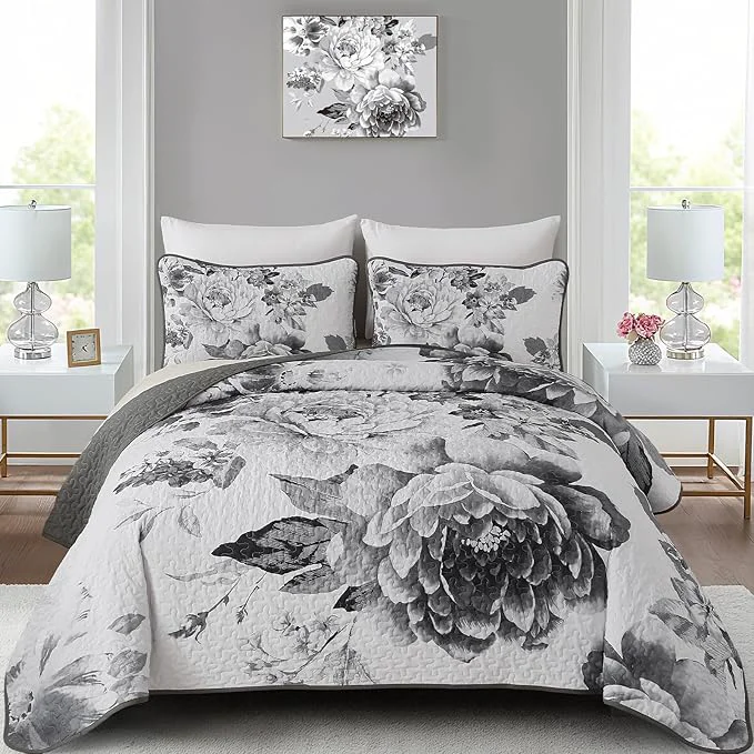 Carefully Designed WONGS BEDDING Grey Boho Floral Quilt Set King 3 Pieces Elegant Gray Flower Luxury