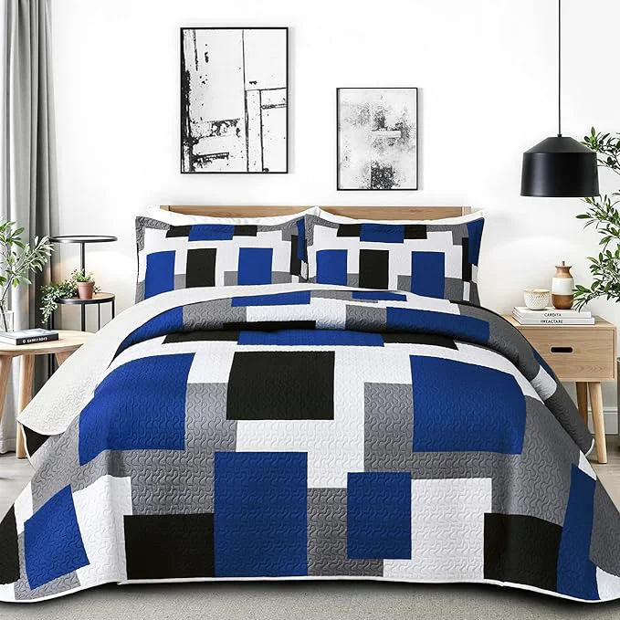Top-Quality Tyrot 3 Piece Blue White Grey Quilt Set King Size Black White Geometric Trendy