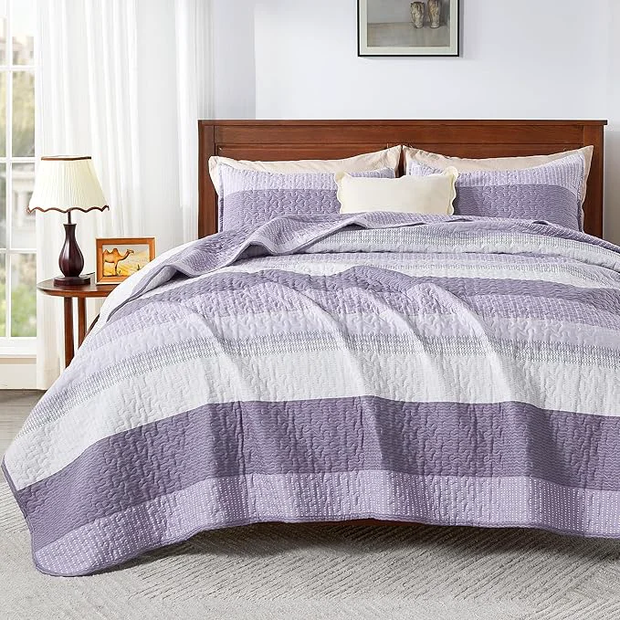 Outstanding Andency Queen Quilt Bedding Set Grayish Purple 3 Pieces Patchwork Summer Convenient