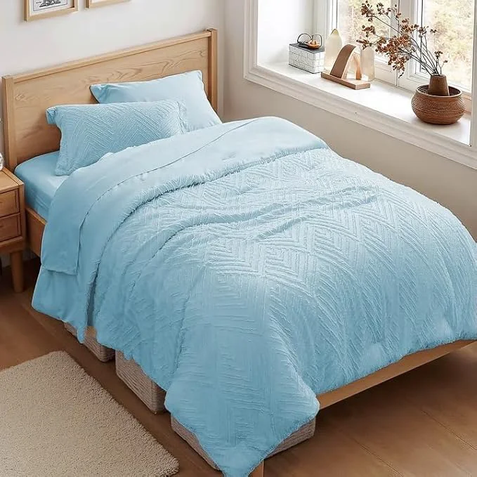 Clean Zzlpp Twin Comforter Set 5 Pieces Light Blue Tufted Bed in a Bag Official