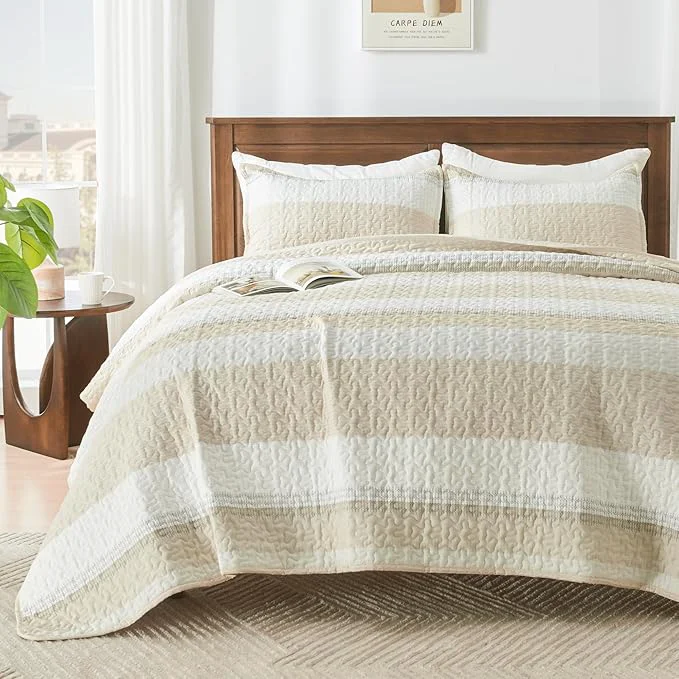 Flexible Andency King Size Quilt Set Beige 3 Pieces Beige Ultra Soft Lightweight Artisan