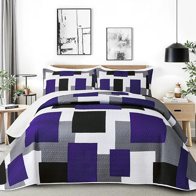 World-Class Tyrot 3 Piece Dark Purple Grey Quilt Set California King Size Black White Responsible