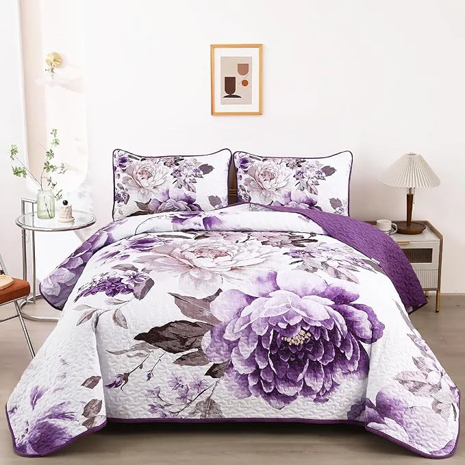 Responsible WONGS BEDDING Floral Quilt Set Purple Queen Quilted Printed Lightweight Green