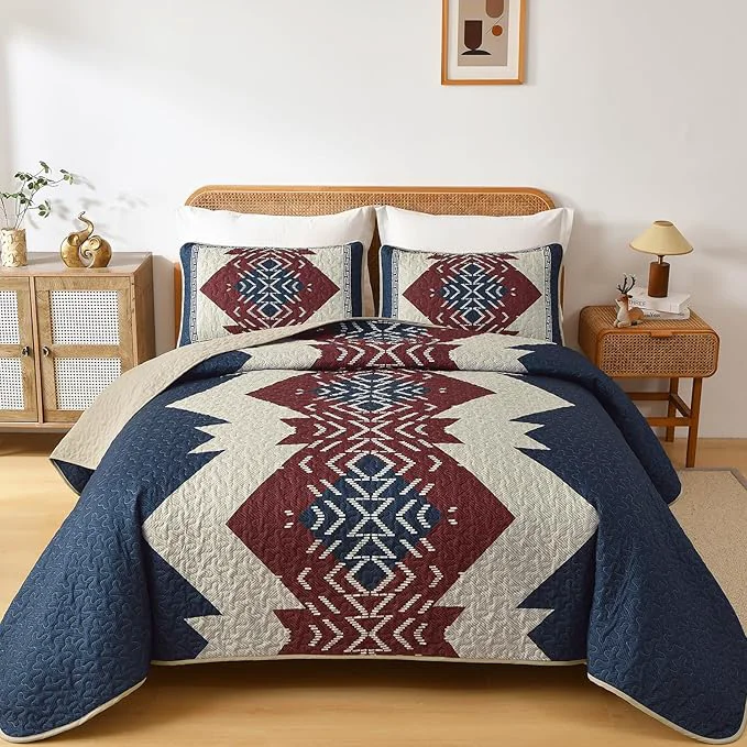Versatile Dintszyayue Blue and Red Quilt Set King Size Boho 3 Piece Aztec Texture Artisan