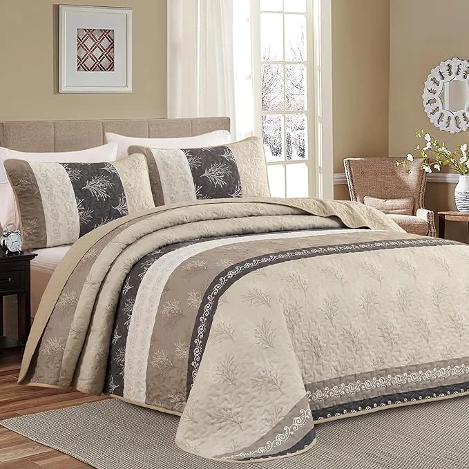 Fine Crafted DJY Beige Quilt Set Queen Size Striped Bedspread Coverlet Set 3 Pieces Boho Pure