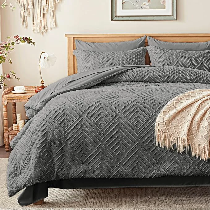 Advanced Zzlpp Queen Comforter Set 7 Pieces Dark Grey Tufted Bed in a Bag Safe