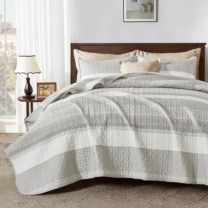 Long-Lasting Andency King Size Quilt Set Linen Grey 3 Pieces Summer Ultra Soft Lightweight Relaxed