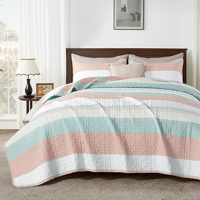 Durable Andency King Size Quilt Set Pink Green 3 Pieces Summer Ultra Soft Lightweight Casual