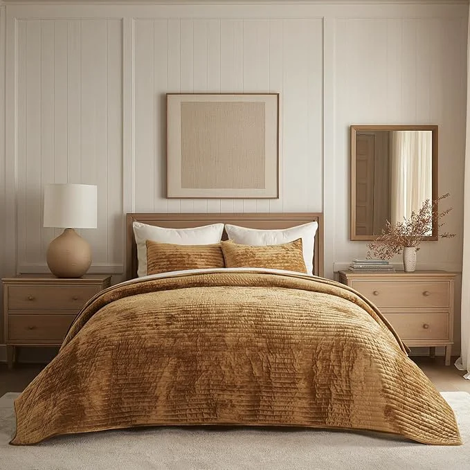 Sustainable EVERGRACE Velvet Quilt Set King Size Luxurious Soft Striped Channel Bedding Set Clean