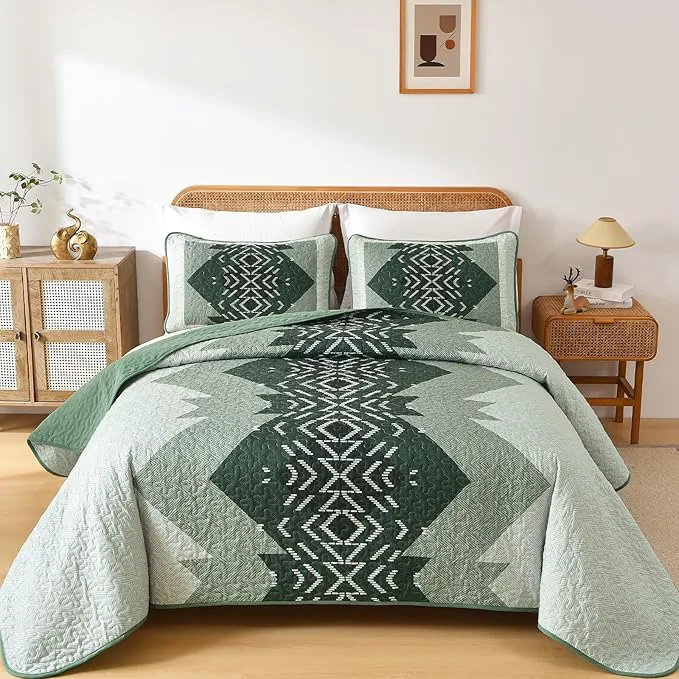 Official Dintszyayue Green Boho Quilt Set King Size 3 Piece Aztec Texture Bedspread Trusted