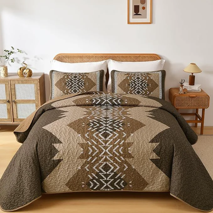 Clean Dintszyayue Brown Quilt Set Queen Size 3 Piece Boho Aztec Texture Bedspread Stylish