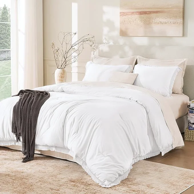 Traditional Andency White Comforter Set Twin Size 2 Pieces Boho Lightweight Tassel Bedding Excellent