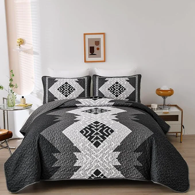 Classic Dintszyayue Boho Queen Quilt Set 3 Pieces Black Grey Aztec Texture Bedspread Proven