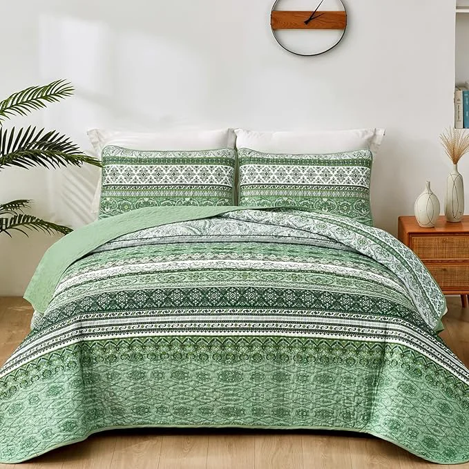 Safe WONGS BEDDING Boho King Quilt Set Light Green Bohemian Quilt Bedding Set Practical