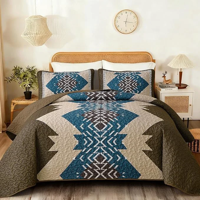 Safe Dintszyayue Brown Boho Quilt Set Queen Aztec Western Quilt Bedspread Set Modern