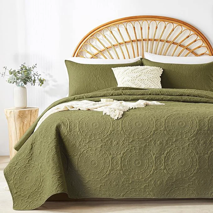 Healthy WURUIBO Olive Green Quilt Set Twin Size Embossing Microfiber Bedspreads Safe