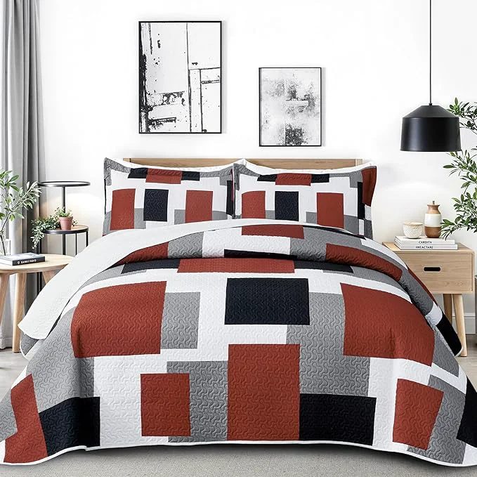 Carefully Designed Tyrot 3 Piece Burnt Orange Grey Quilt Set Full Queen Size Black White Gray World-Class