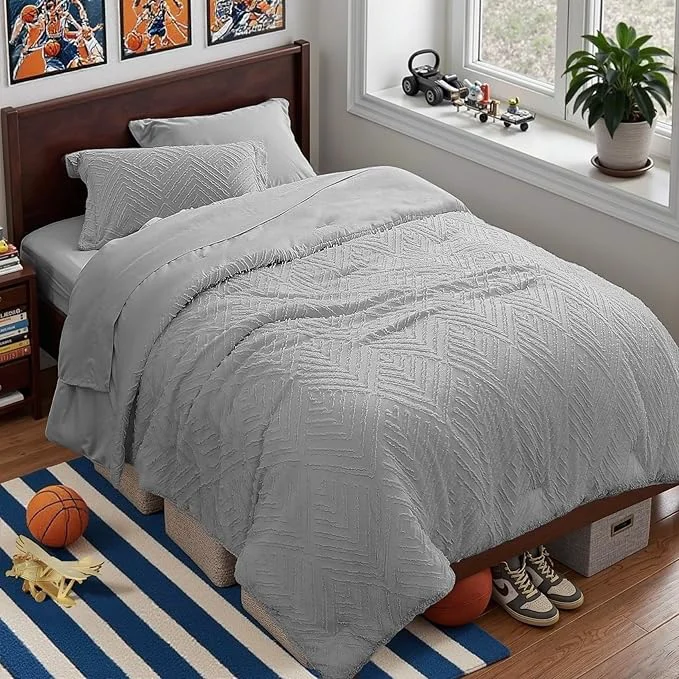 Crafted Zzlpp Twin Comforter Set 5 Pieces Light Grey Tufted Bed in a Bag Reliable