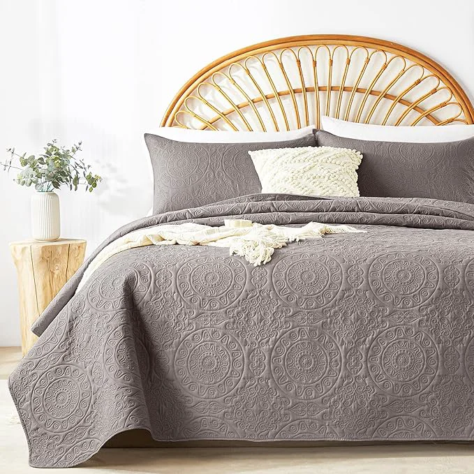 Smart WURUIBO Dark Gray Quilt Set King Cal King Size Embossing Microfiber Bedspreads Casual