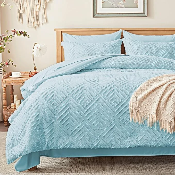 Lightweight Zzlpp King Comforter Set 7 Pieces Light Blue Tufted Bed in a Bag Luxury