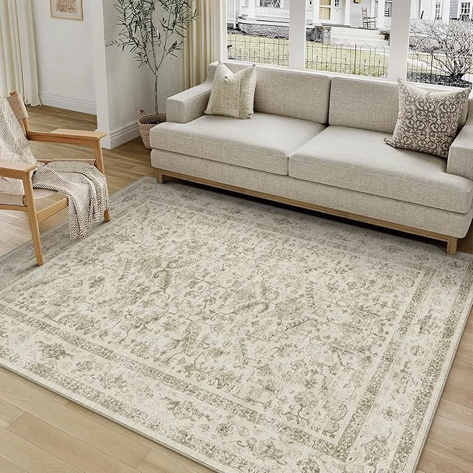 Recyclable Taupe 5x7 Area Rug Vintage Washable Living Room Carpet Non Slip Bedroom Indoor Reliable