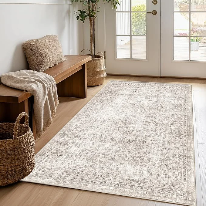 Recyclable FMFUNCTEX 3x4 Washable Area Rug Beige Vintage Neutral Non Slip Low Pile Minimalist