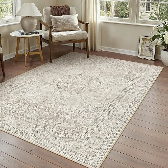 Advanced Beige 3x5 Area Rug Washable Vintage Carpet Practical