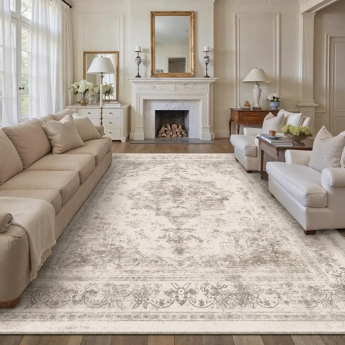 Excellent Area Rug 10x12 Beige Washable Living Room Carpet Non Slip Vintage Medallion Artisan