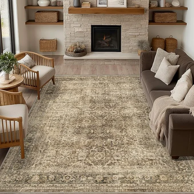 Outstanding FMFUNCTEX 9x12 Washable Area Rug Brown Vintage Neutral Distressed Large Non Efficient