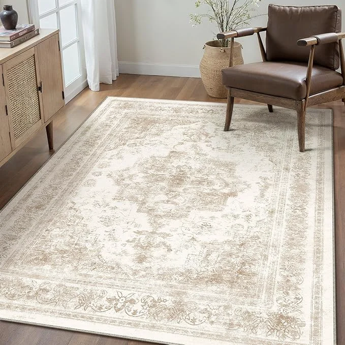 Classic Area Rug 4x6 Cream Washable Office Entryway Vintage Medallion Beige Carpet Non Flexible