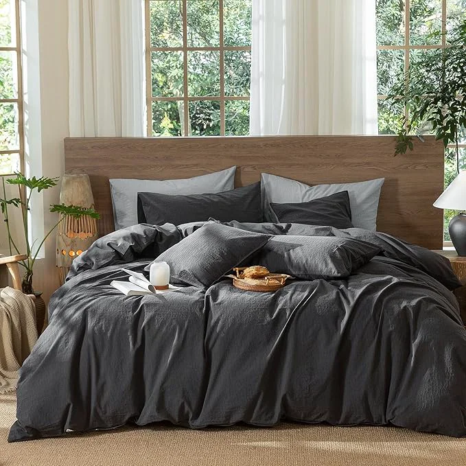 High-End MooMee Wavy Striped Duvet Cover Set Washed Cotton Linen Like Textured Carefully Designed
