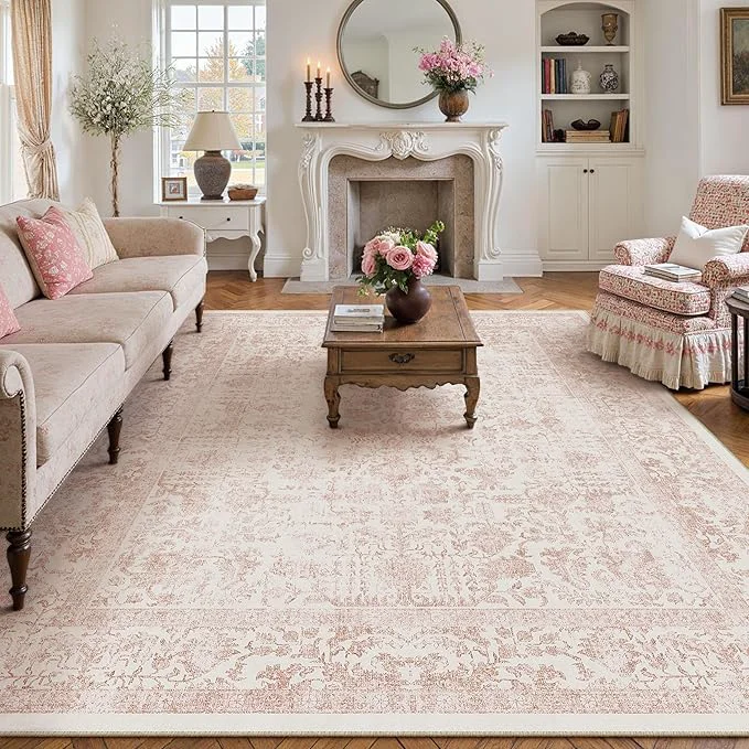 Top-Quality Pink Area Rug 8x10 Machine Washable Large Vintage Living Room Distressed Non Original