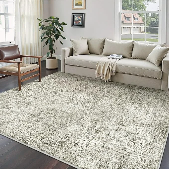 Modern 5x7 Area Rug Washable Vintage Neutral Living Room Carpet Large Indoor Non Slip Reliable