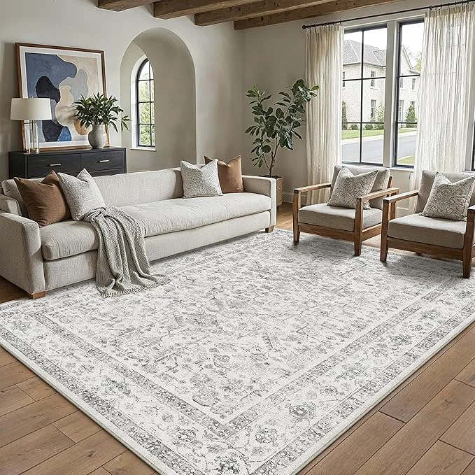 Efficient Grey 5x7 Area Rug Vintage Washable Living Room Carpet Non Slip Bedroom Indoor Excellent