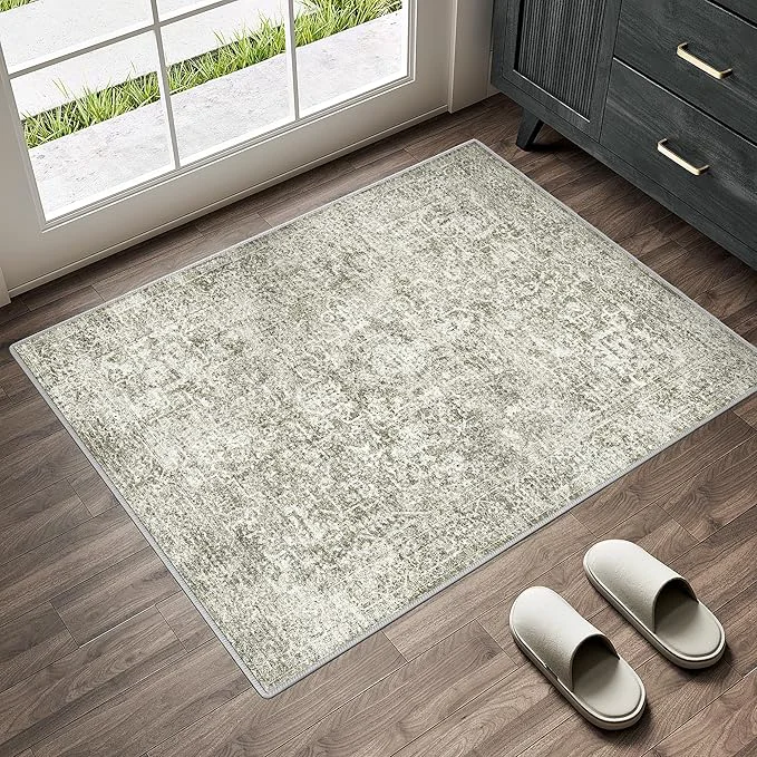 Modern 2x3 Entryway Area Rug Vintage Neutral Washable Small Carpet Indoor Non Slip Solid