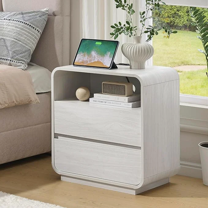 Lightweight White Nightstand Set of 2 with Charging Station 23.2 Wide Wood Bedside Table Healthy
