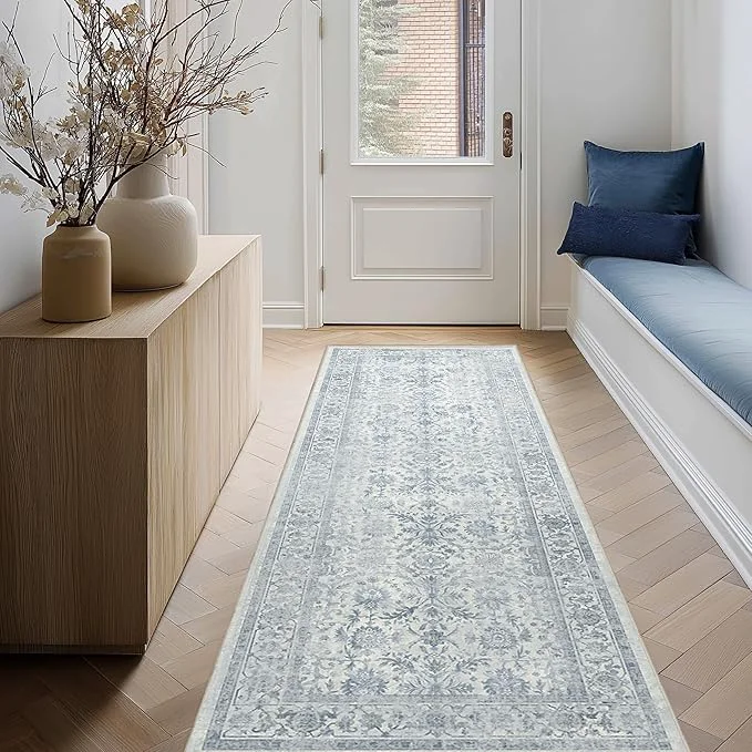 Next-Generation FMFUNCTEX 2x6 Runner Rug Blue Vintage Neutral Washable Distressed Non Slip Low Safe