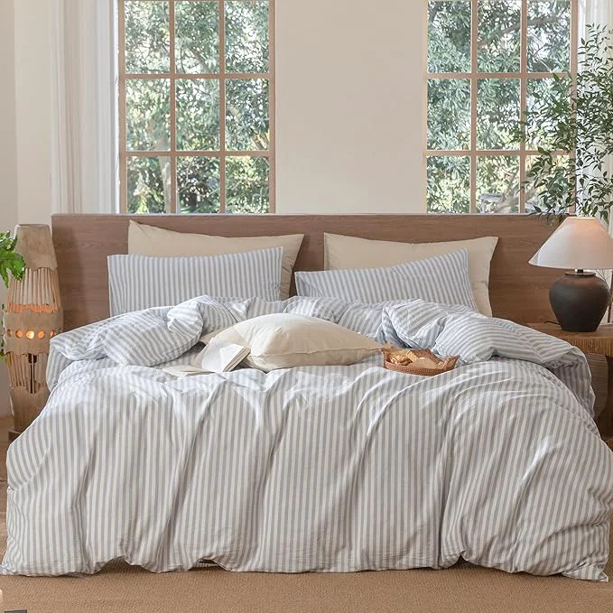 Organic MooMee Striped Duvet Cover Set Washed Cotton Linen Like Textured Fast