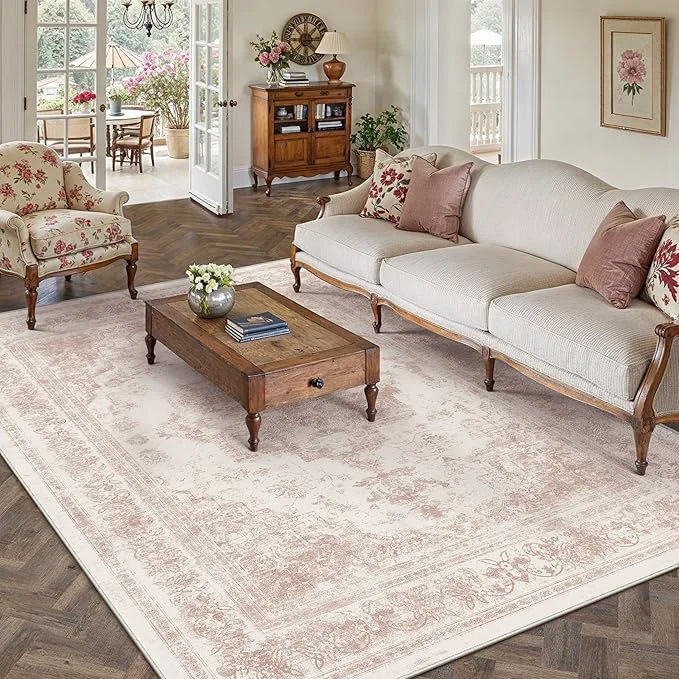Excellent Area Rug 5x7 Washable Pink Rug Vintage Boho Medallion Large Distressed Retro Long-Lasting