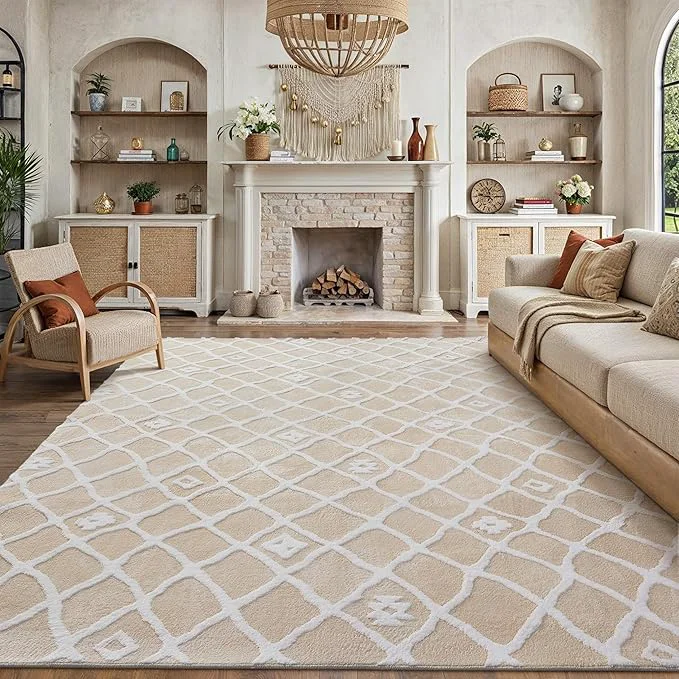 High-Performance Ivory 8x10 Area Rug Moroccan Shag Living Room Washable Carpet Soft Non Shedding Smart