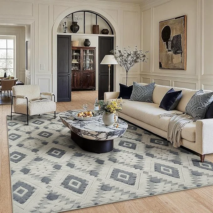 Top-Quality Ivory Grey 8x10 Area Rug Washable Living Room Moroccan Shag Carpet Non Slip Easy-to-Use