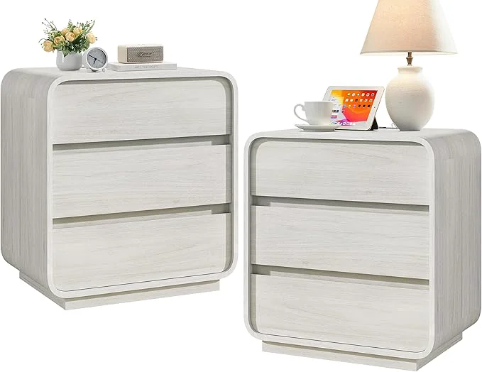 Enhanced White Nightstand Set of 2 with Charging Station 23.2 Wide Wood Night Stand Secure