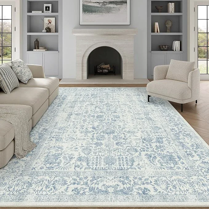 Top-Quality Blue Area Rug 9x12 Machine Washable Large Vintage Living Room Distressed Non Reliable