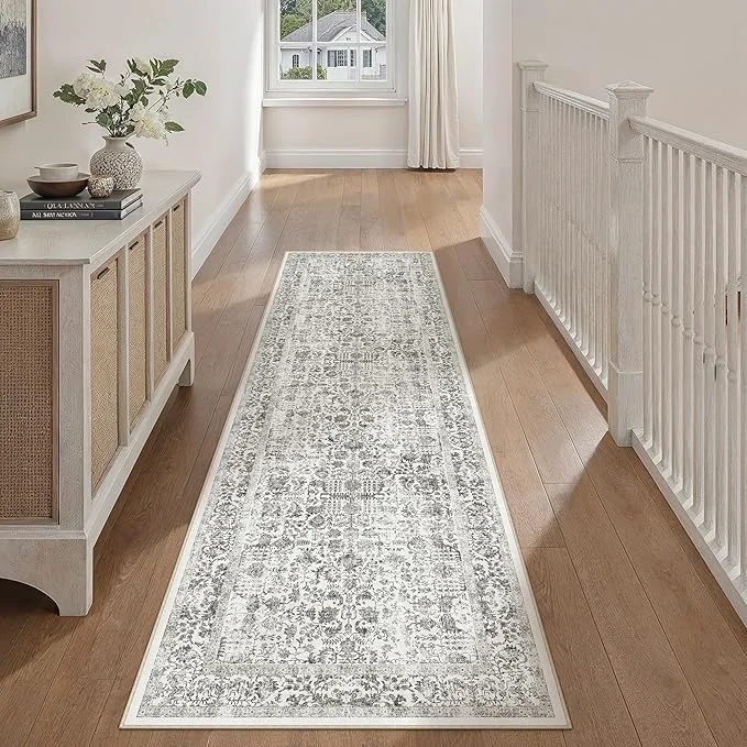 Detailed Black Runner Rug 2'6 x10' Washable Carpet Enhanced