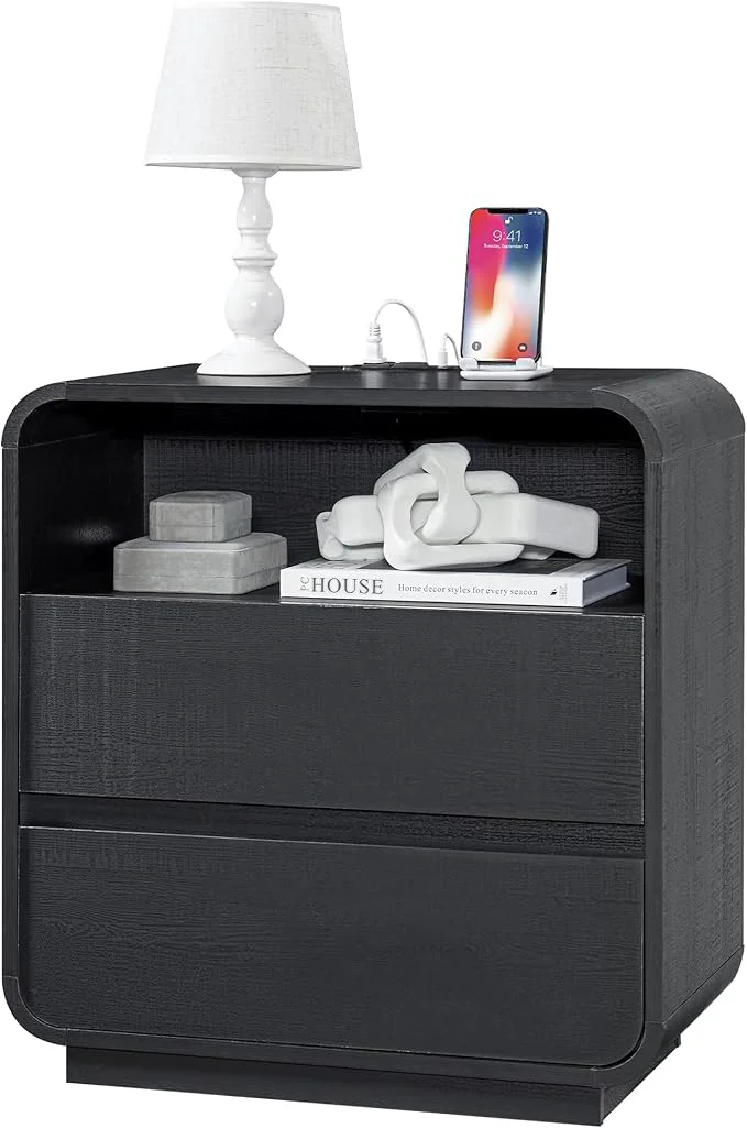 Genuine Black Nightstand with Charging Station Modern End Table with 2 Storage Drawers Versatile